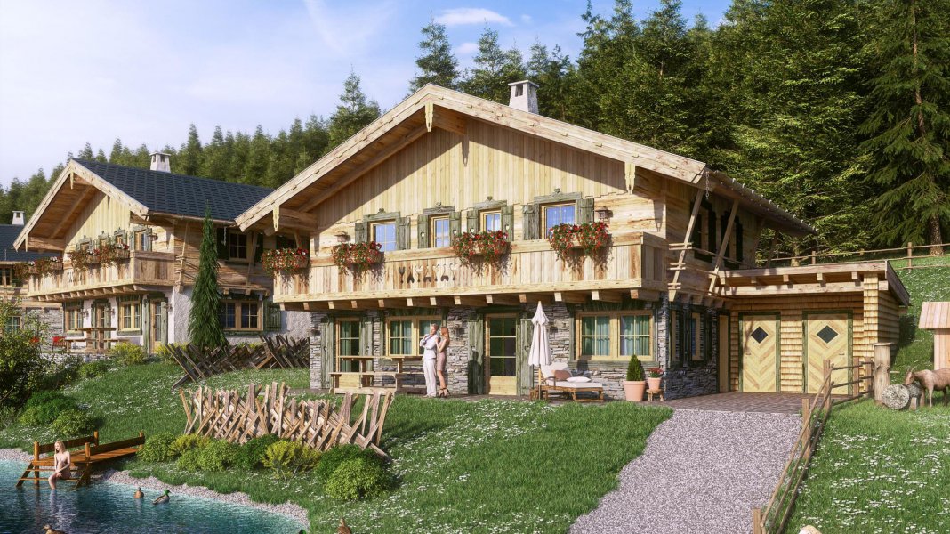 Chalet mit Teich im Chaletdorf Fageralm in der Skiregion Schladming-Dachstein-West